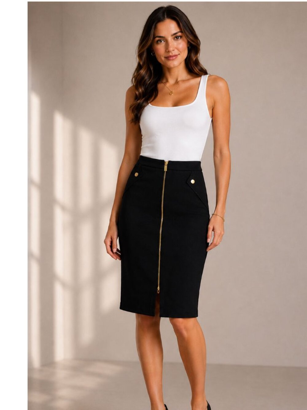 Carmen Marc Valvo Women's Black Gold Zip Pencil Skirt - Size 4